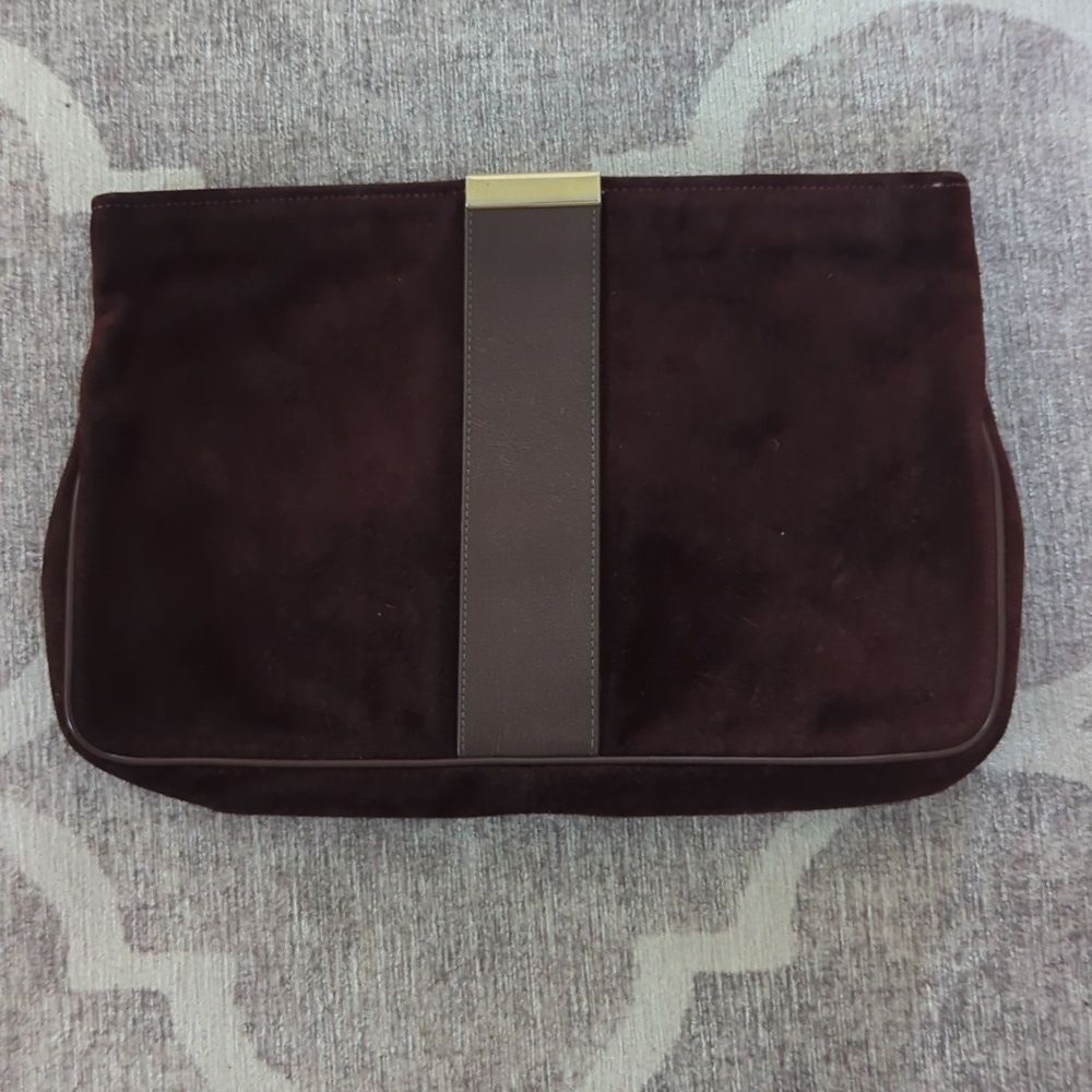 Vintage Dove Designer Suede Clutch, Deep Chocolate Color, Top Zip Closure